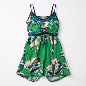 Flying Tomato Green Tropical Leaf Print Tie Front Shirt Large Smocked Back